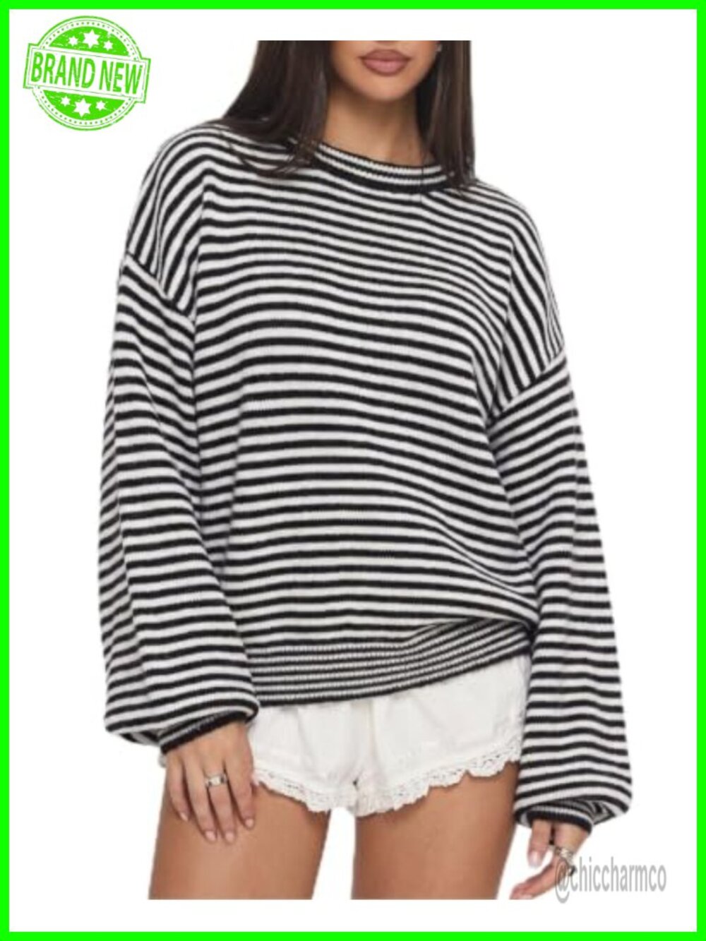 Oversized Striped Sweater Crewneck Balloon Sleeve Pullover